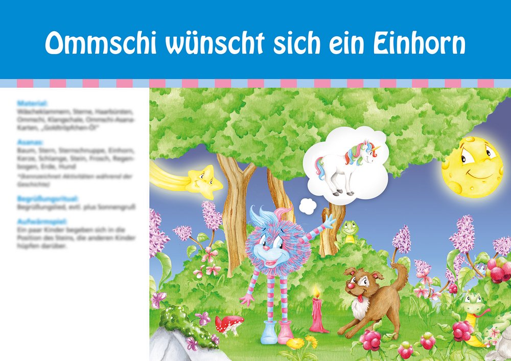Einzelne von A–Z geführte Unterrichtskarte fürs Kinderyoga –
"Ommschi wünscht sich ein Einhorn" Ommschi Unterrichts Karte